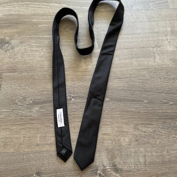 Calvin Klein Black Silk Extreme Slim Tie with Subtle Stripe Accent - Picture 2 of 5